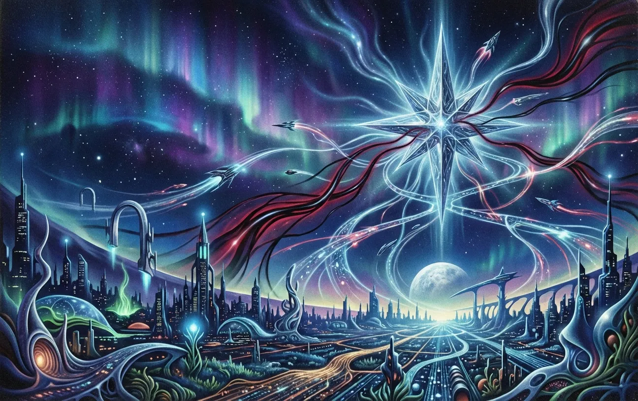 Futuristic cityscape with vibrant aurora, ideal for RockN' Socials Digital Marketing Agency.