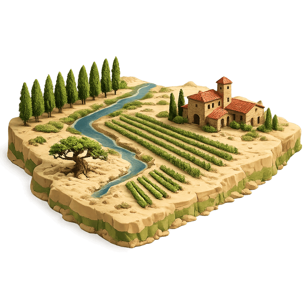 Artistic illustration of the Río Negro wine region.