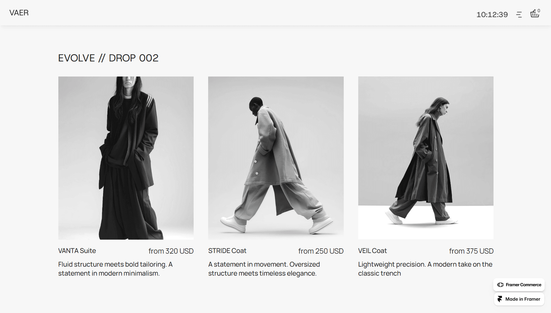 "Evolve // Drop 002" section showing three full-body model shots. Products include the dark loose-fitting VANTA Suite, the oversized STRIDE Coat, and the classic VEIL Coat.
