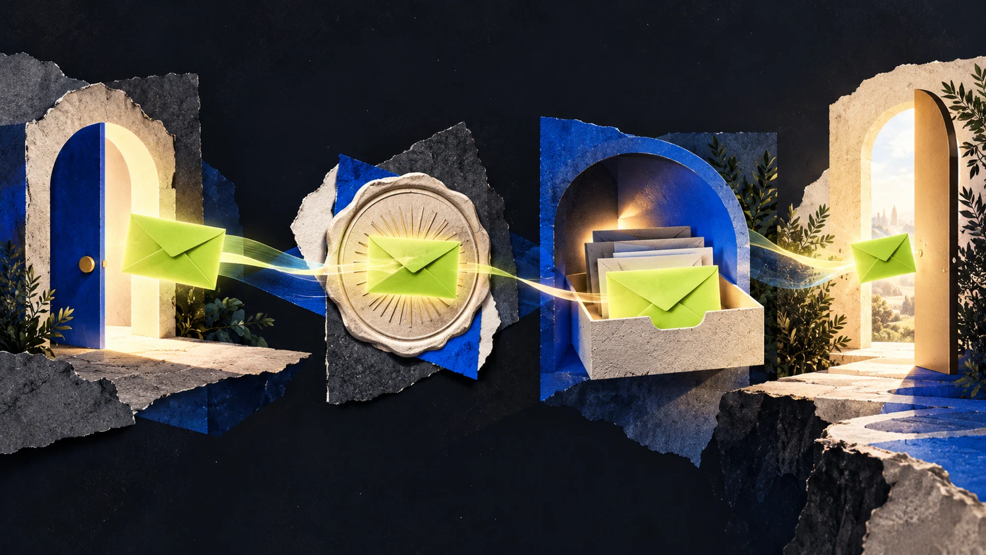 Four linked editorial scenes carry a lime envelope from signup through sender verification and an inbox toward an open exit, representing the full email trust relationship.