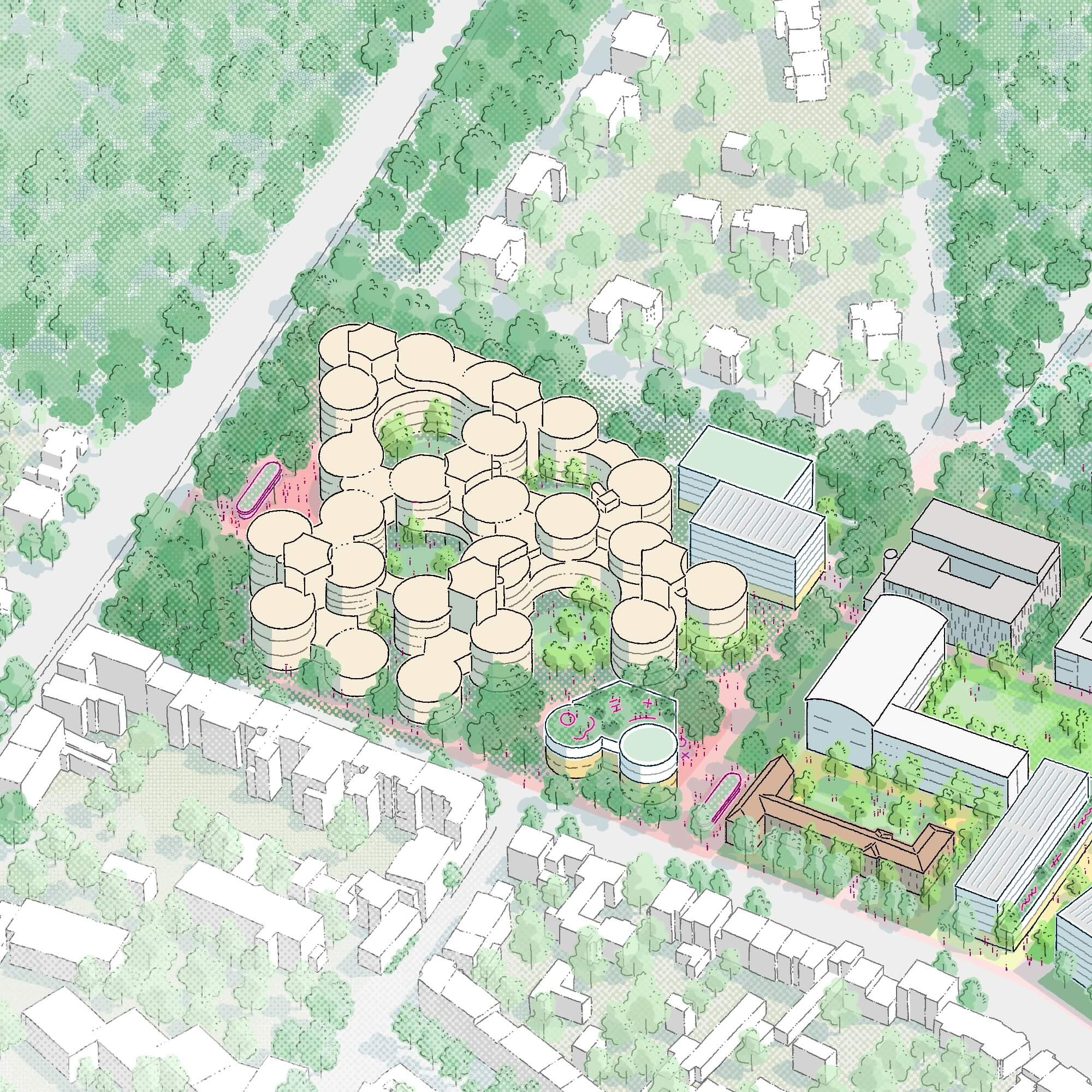 A close-up view of various circuit board components and layout in black and white.
