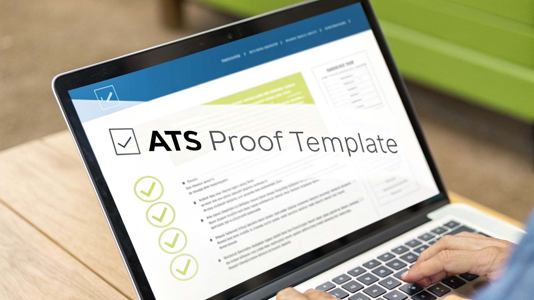 Laptop screen displaying an ATS Proof Template document with multiple green checkmarks and text.