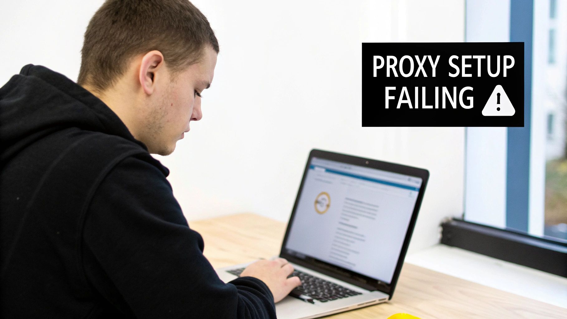 A young man intensely types on a laptop, with a "PROXY SETUP FAILING" error overlay.