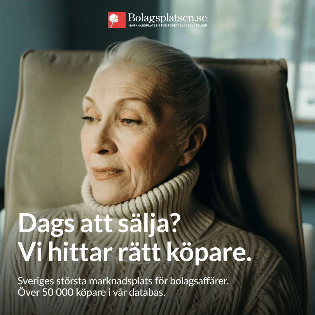 A digital advertisement for a business marketplace, showing a portrait of an older woman seated indoors.