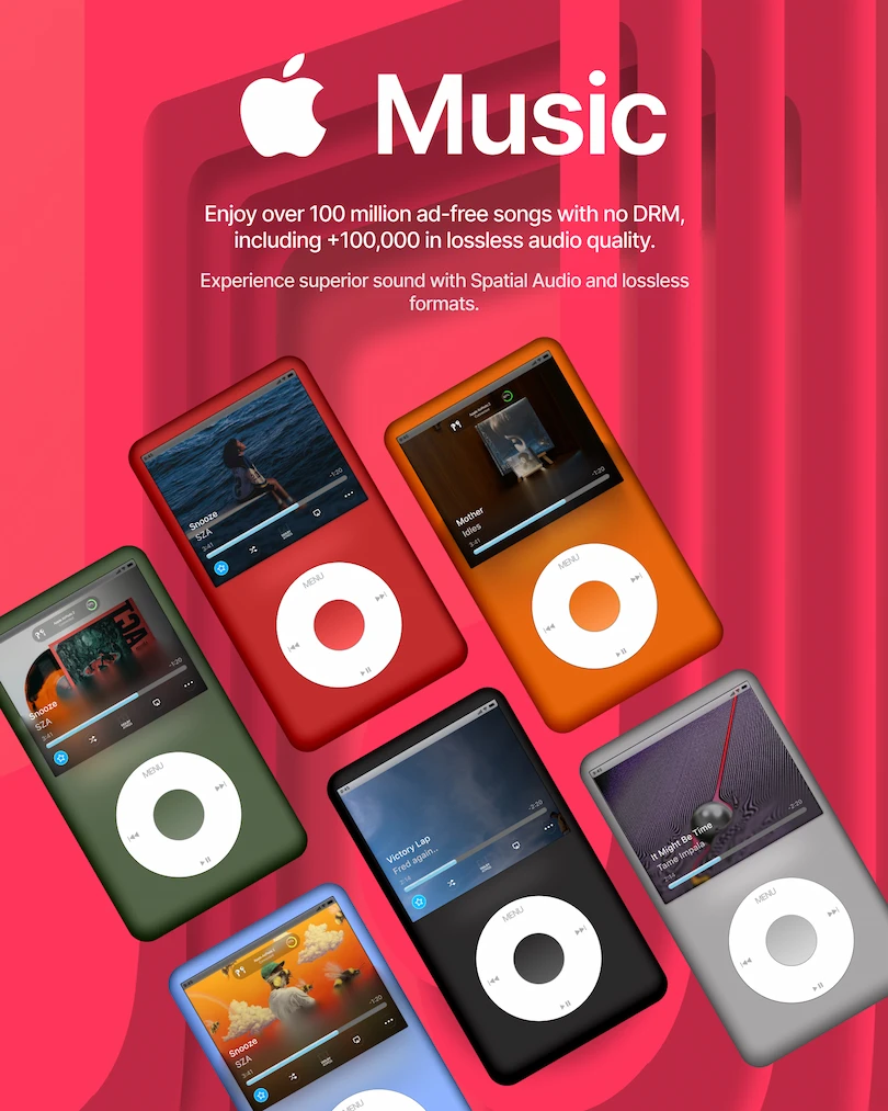 iPod Revive displaying Apple Music interface with album artwork and playback controls