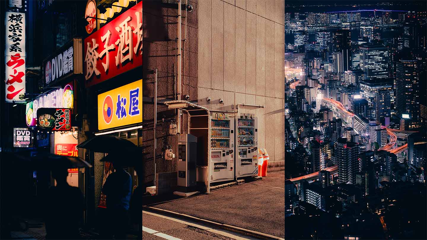 Three vertical images of dark and colorful images of japanese city lights