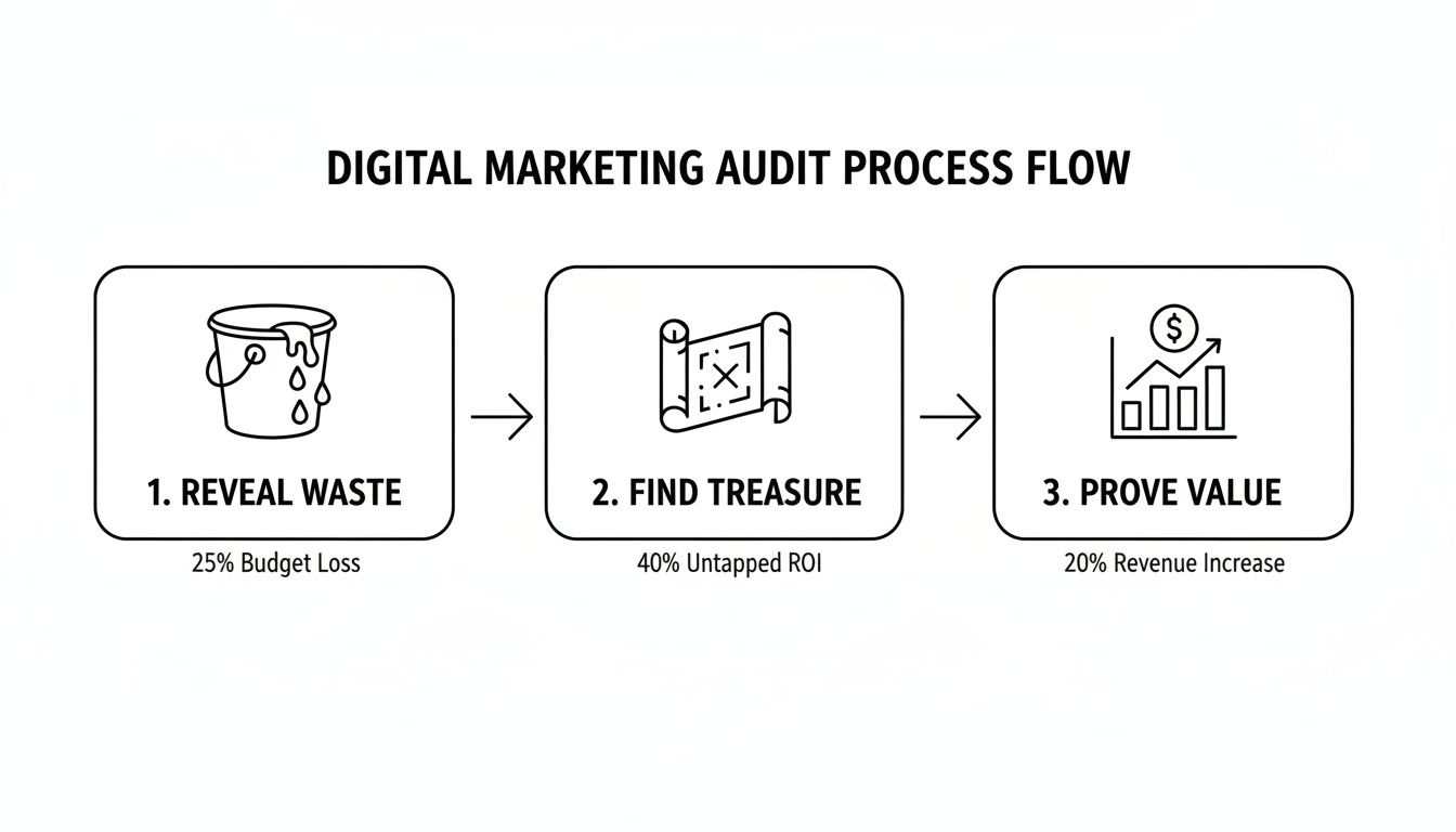 Digital marketing audit process flow revealing waste, finding treasure, and proving value.