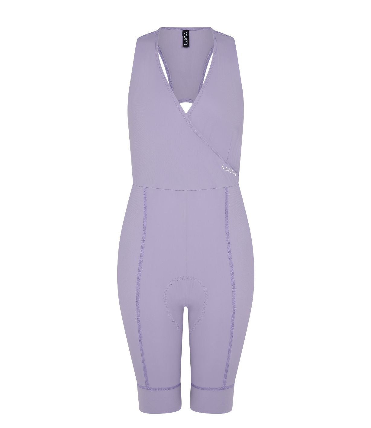 Road All-In-One-Lilac-hover-displayed-from-the-front- showcasing-the-unique-surplice-upper-body-The-shorts-have- contoured-stitching-and-a-LUCA-tag-on-the-upper-strap