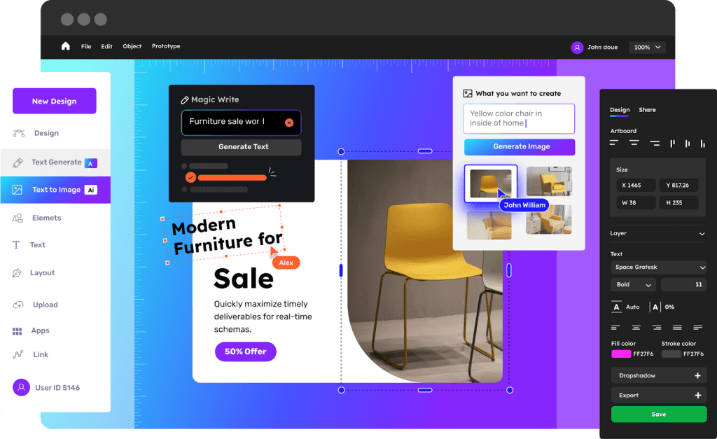 KI-Designeditor erstellt mit Magic Write und Text-to-Image ein Sale-Banner für Möbel mit gelbem Stuhl