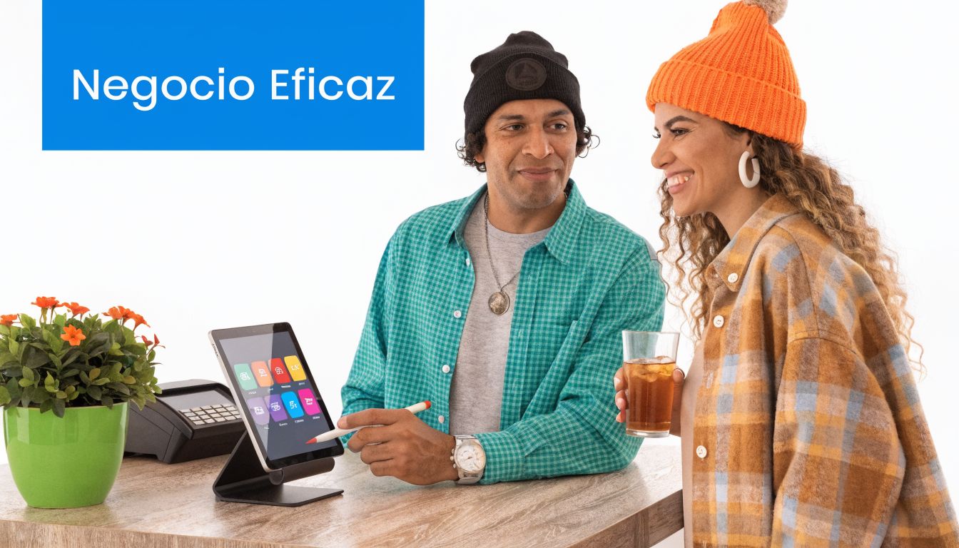 Una pareja interactúa con una tablet en un punto de venta mientras conversan amigablemente sobre su negocio.