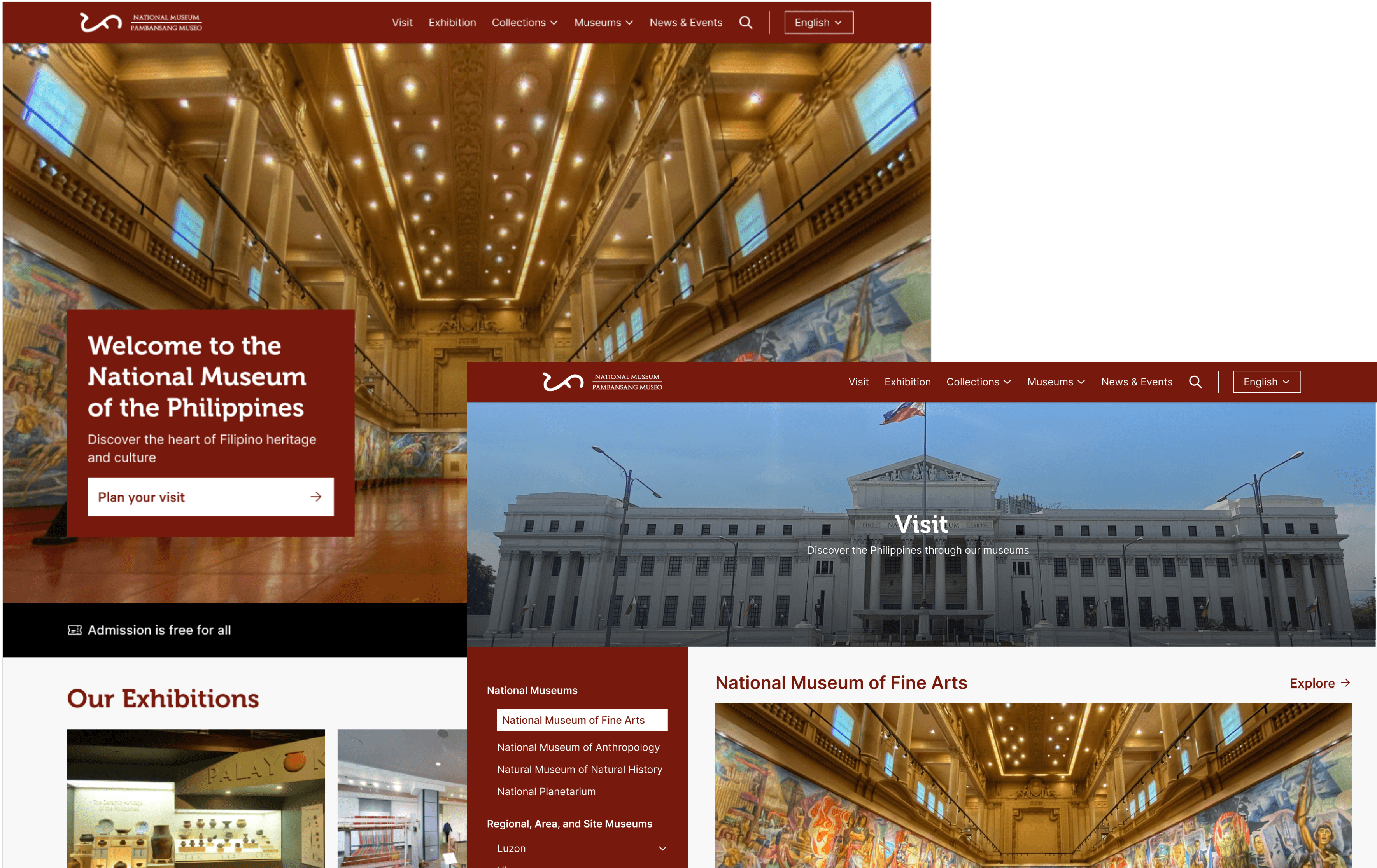 National Museum website mockup featuring grand interior hall, building exterior, and exhibition navigation.