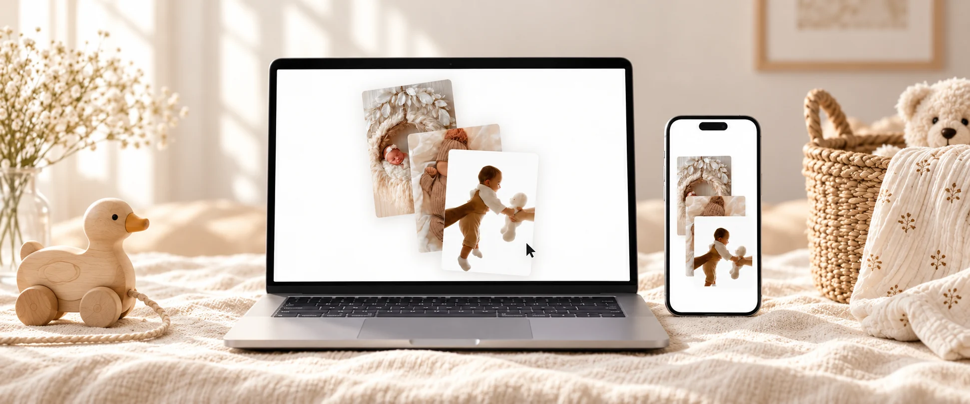 Cursor Trail auf Laptop und Phone: eine versetzte Babyfoto-Spur neben einer Holzente.