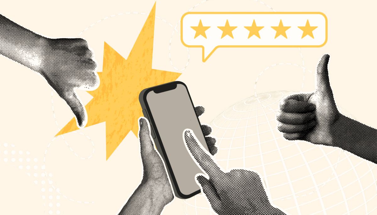 Collage illustration of hands with smartphone, thumbs up and thumbs down, and star ratings, symbolizing reviews of the best programming languages for mobile apps.