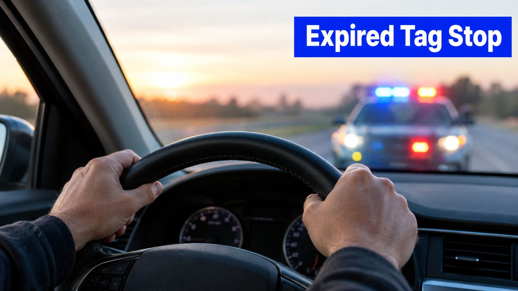A driver holding the steering wheel while a police car with flashing lights approaches from behind.