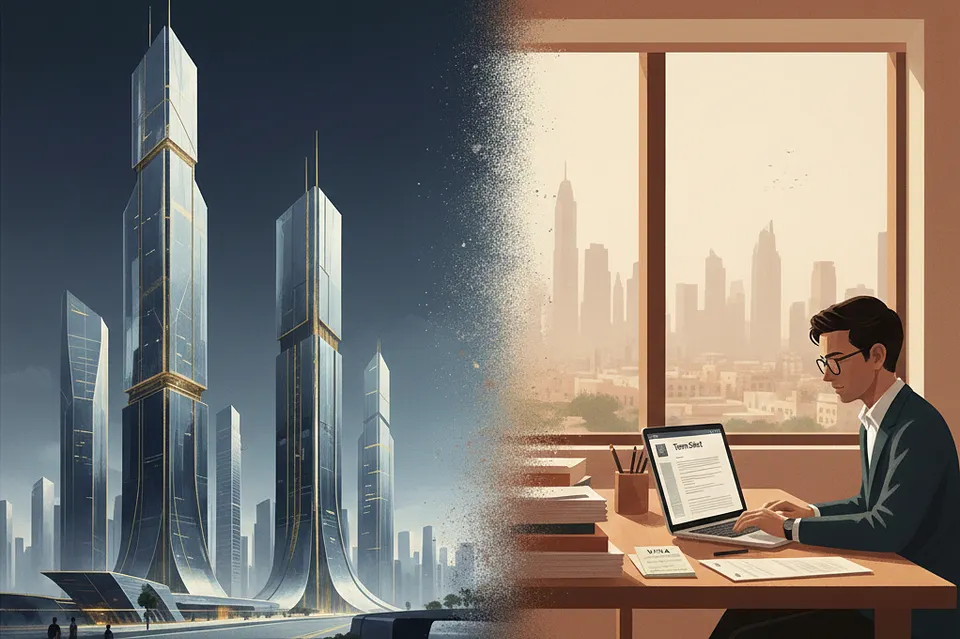 A split illustration contrasts monumental blue-glass towers with a founder working on a laptop beside a warm-toned Dubai skyline.