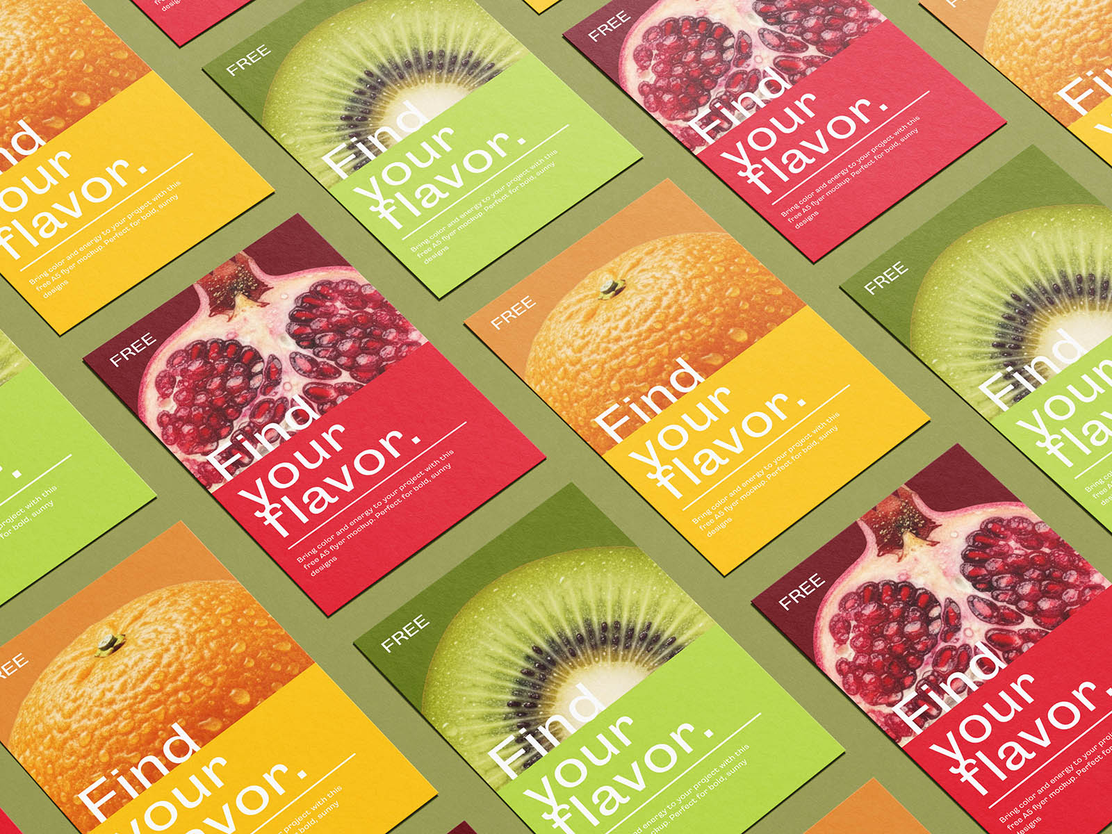 Alt text: Colorful flyers with the phrase "Find Your Flavor" are arranged on a green surface. Each flyer features a close-up of a kiwi, orange, or pomegranate, evoking freshness and variety.