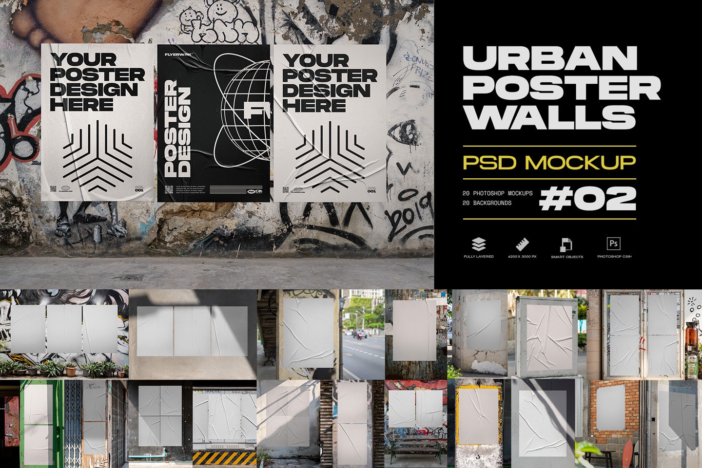 Urban poster wall mockups collection with posters placed on graffiti covered street wall
