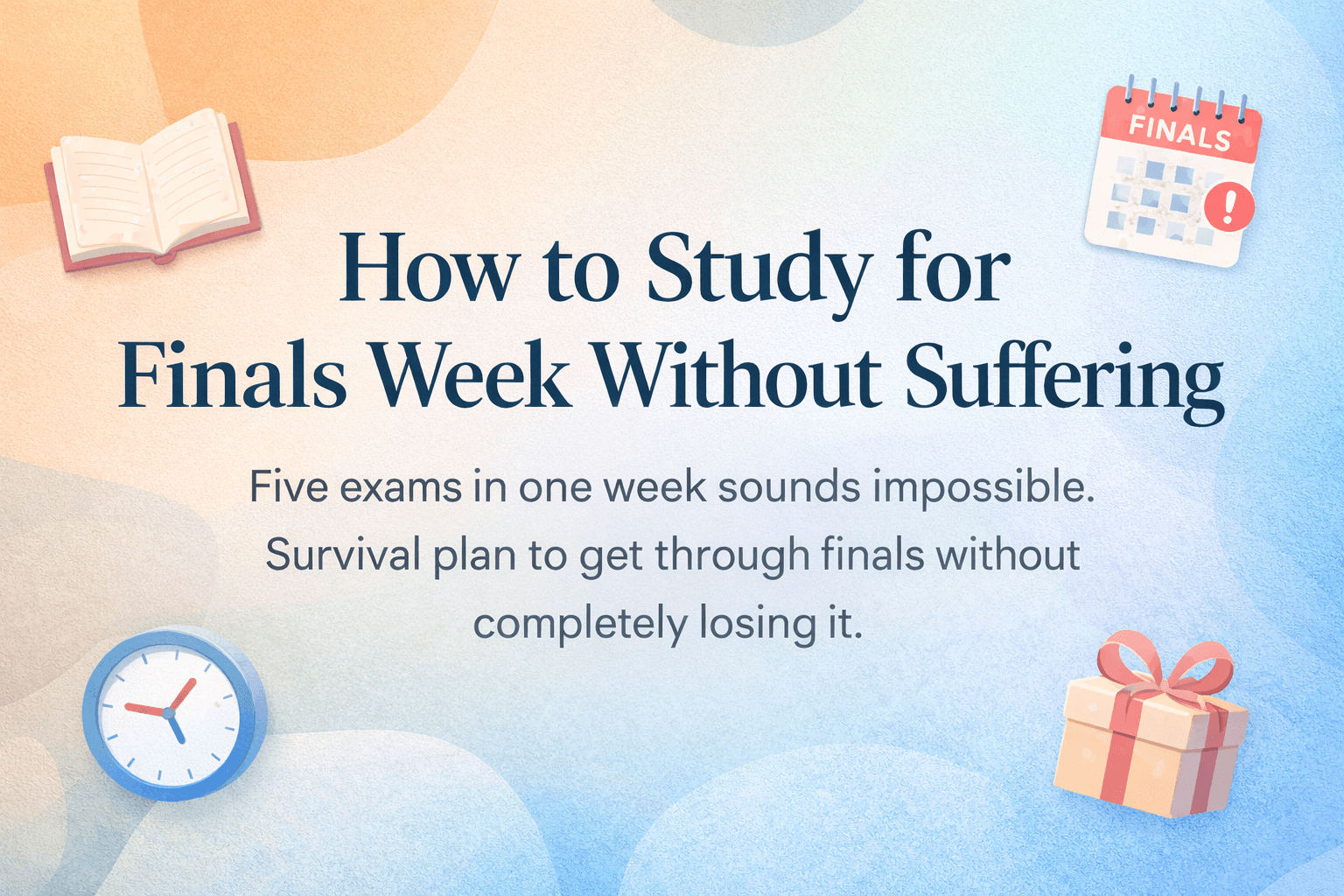 A minimalist poster that says How to Study for Finals Week Without Suffering, with study icons, calendar, and clock on a soft gradient background.