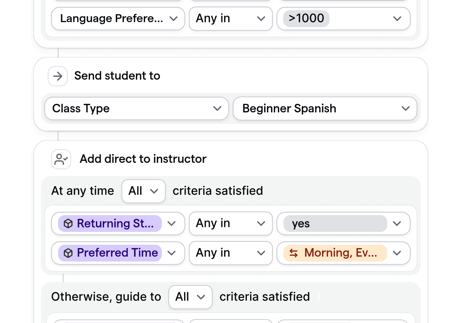 Customizable routing logic builder for language schools, demonstrating routing by language preference and returning student status.