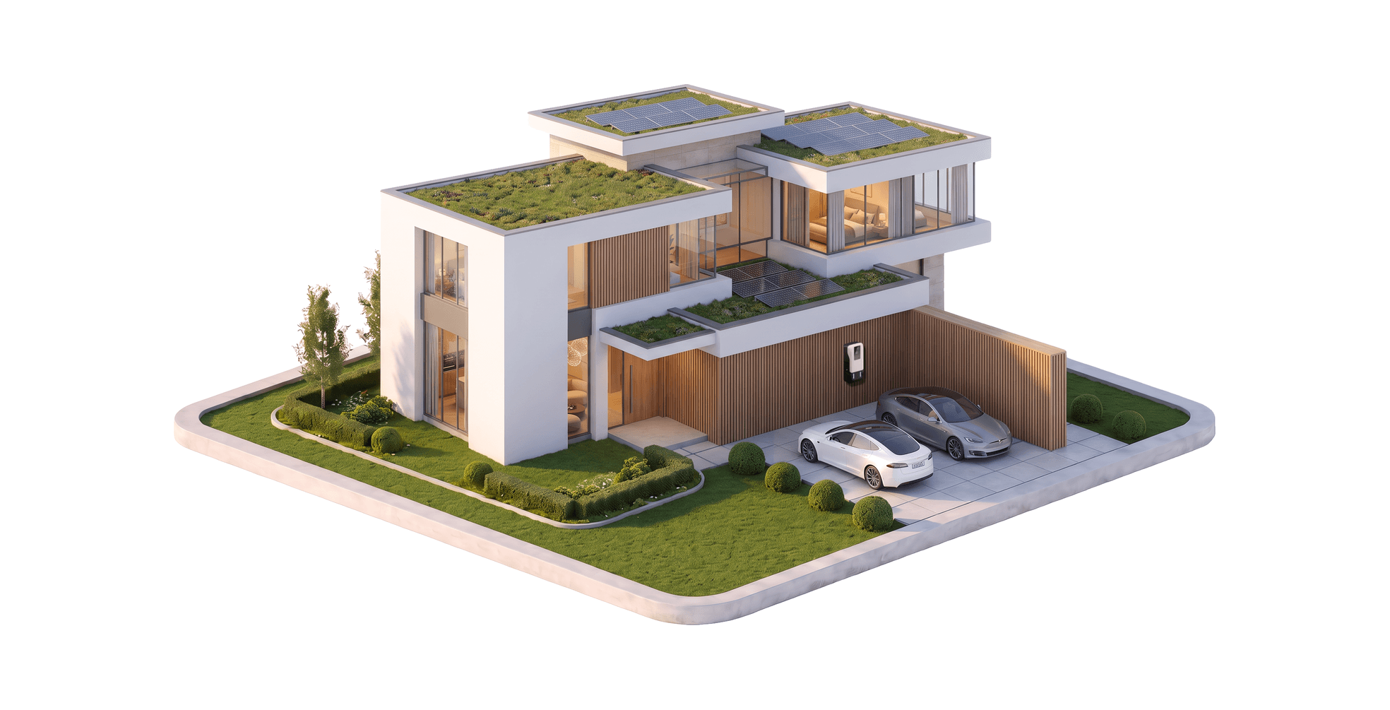 Villa con tetti verdi e wallbox Daze Dazebox DUO a parete fra due auto elettriche
