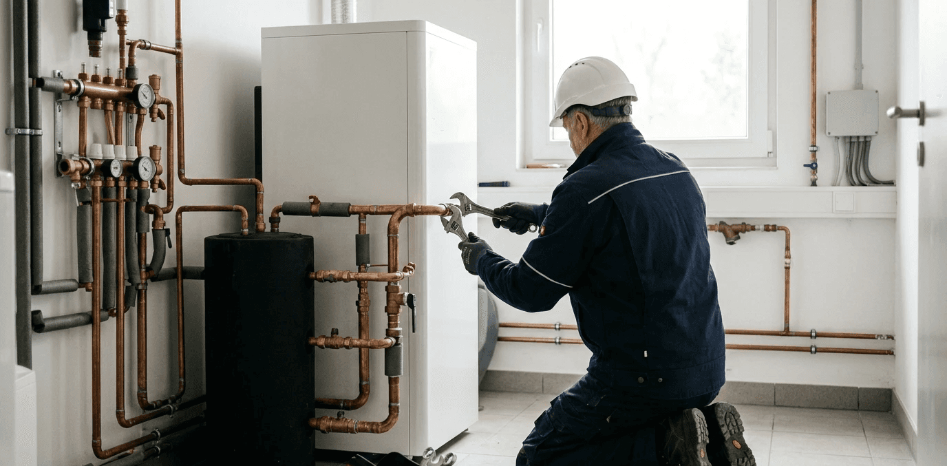 Tecnico durante installazione di impianto di riscaldamento con pompa di calore a Padova
