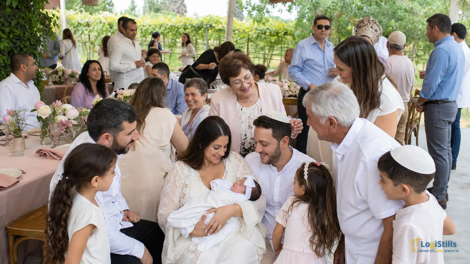 משפחה מורחבת סביב התינוקת בחגיגת בריתה בחצר
