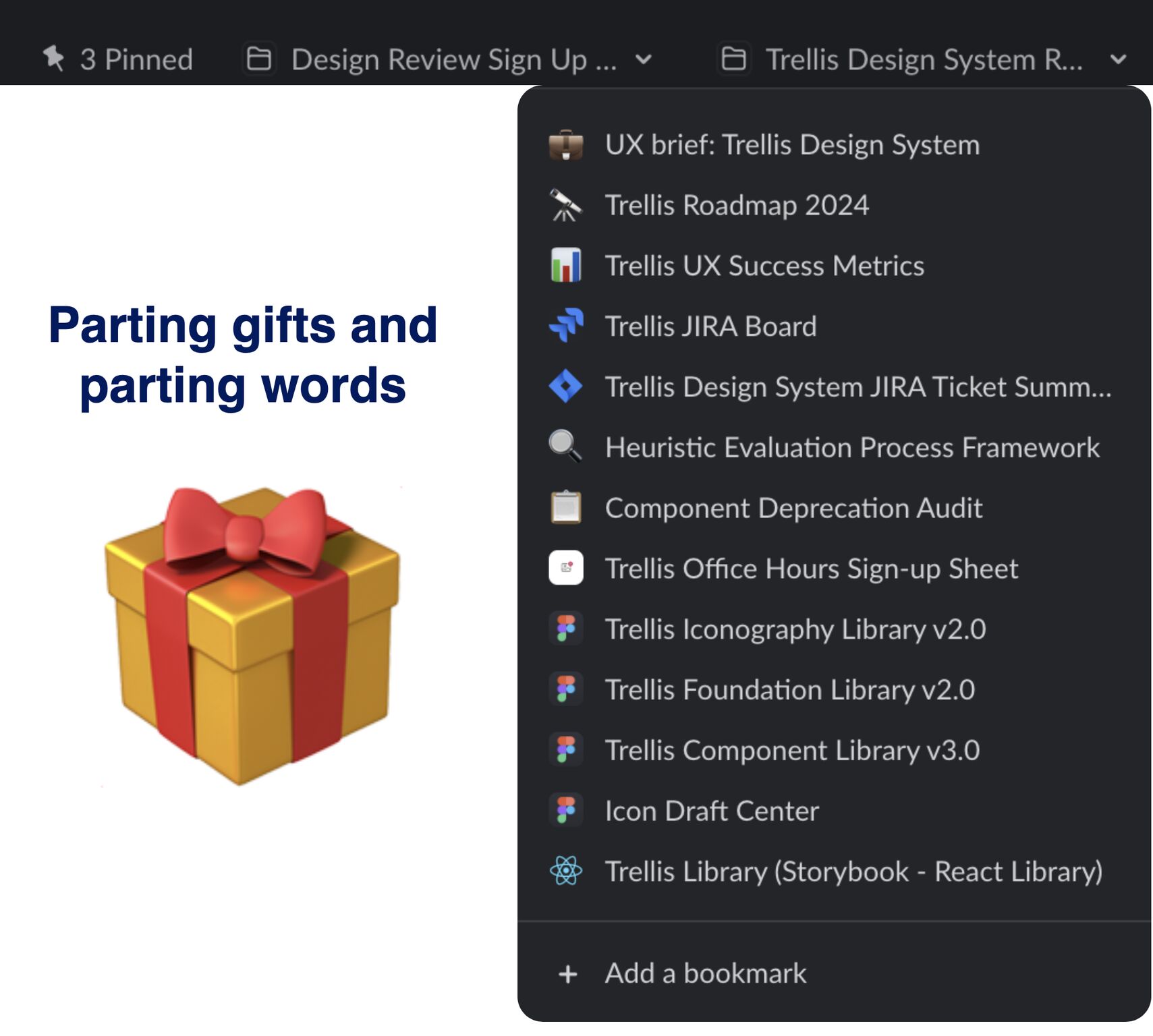 Gift emoji next to dropdown list of design system docs