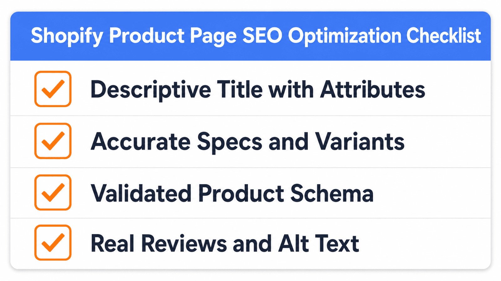 Shopify product page SEO checklist covering title, specs, schema, and reviews