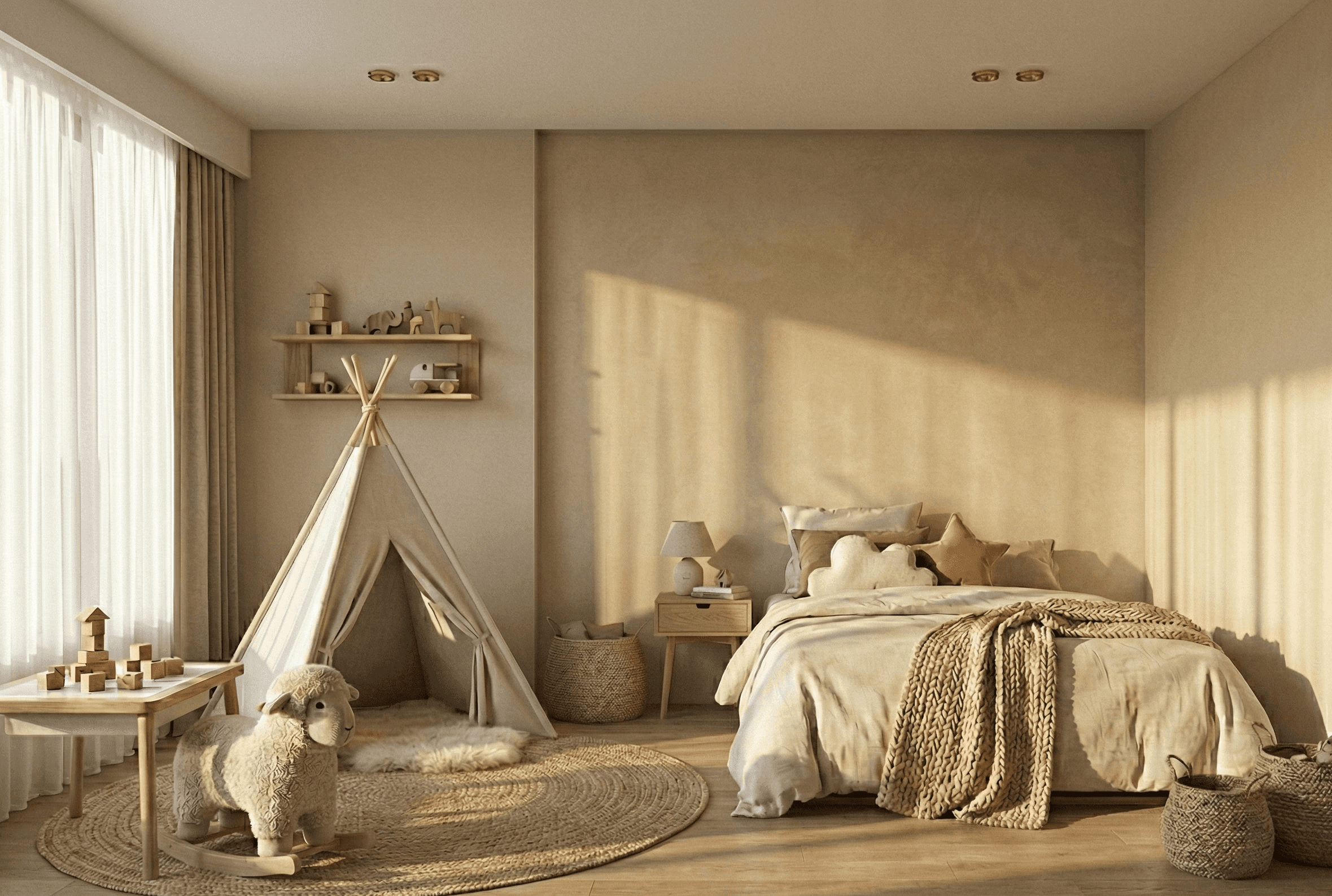 a living room with a couch and a table