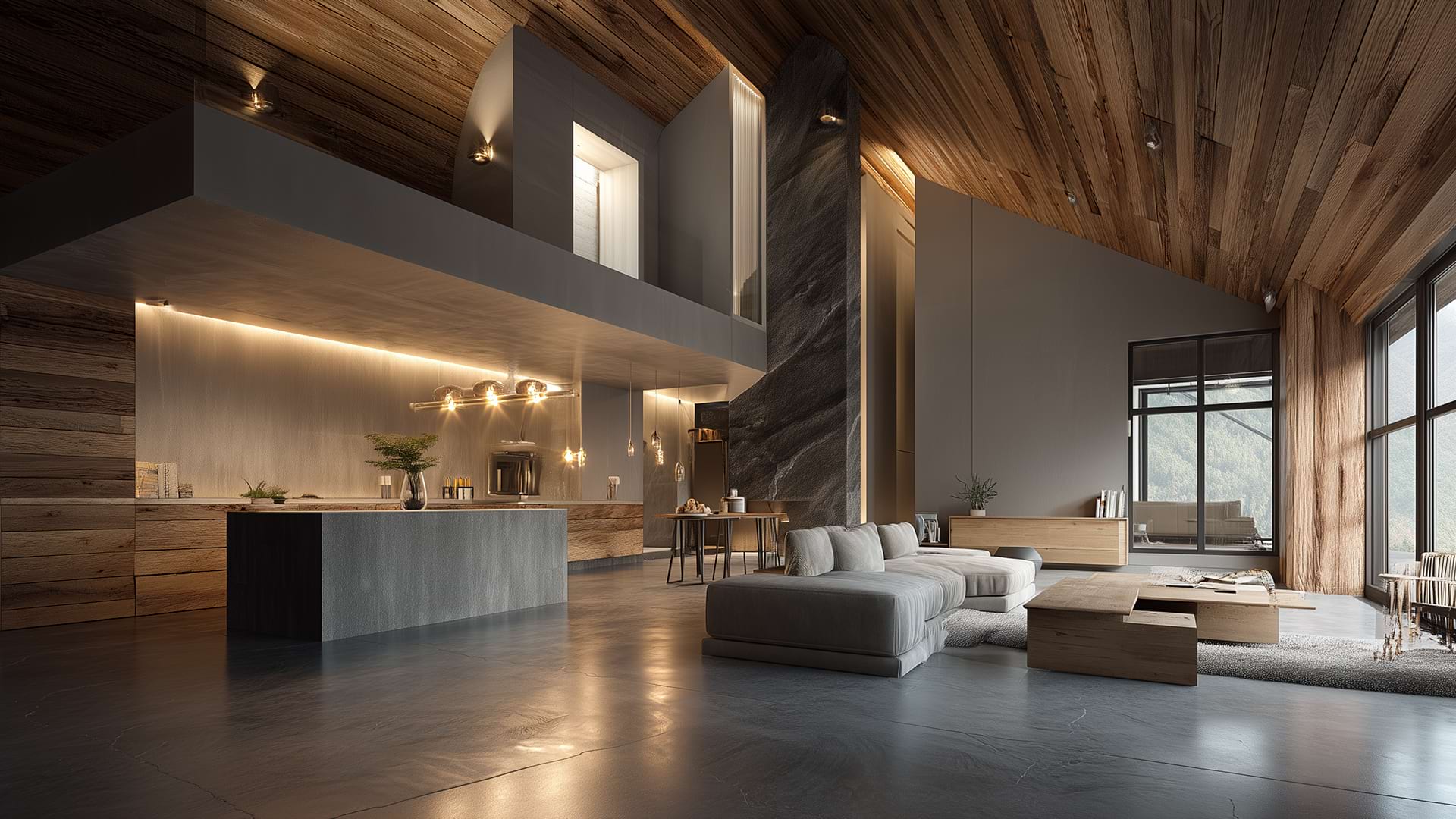 A modern, cozy living room with high wooden ceilings, large windows, and sleek furniture. Soft lighting creates a warm, inviting atmosphere.