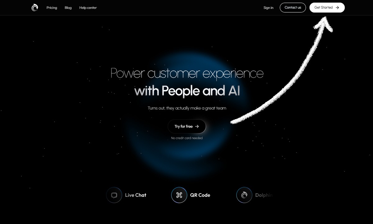 AskDolphin homepage with an arrow pointing to the ‘Get Started’ button in the top-right corner.