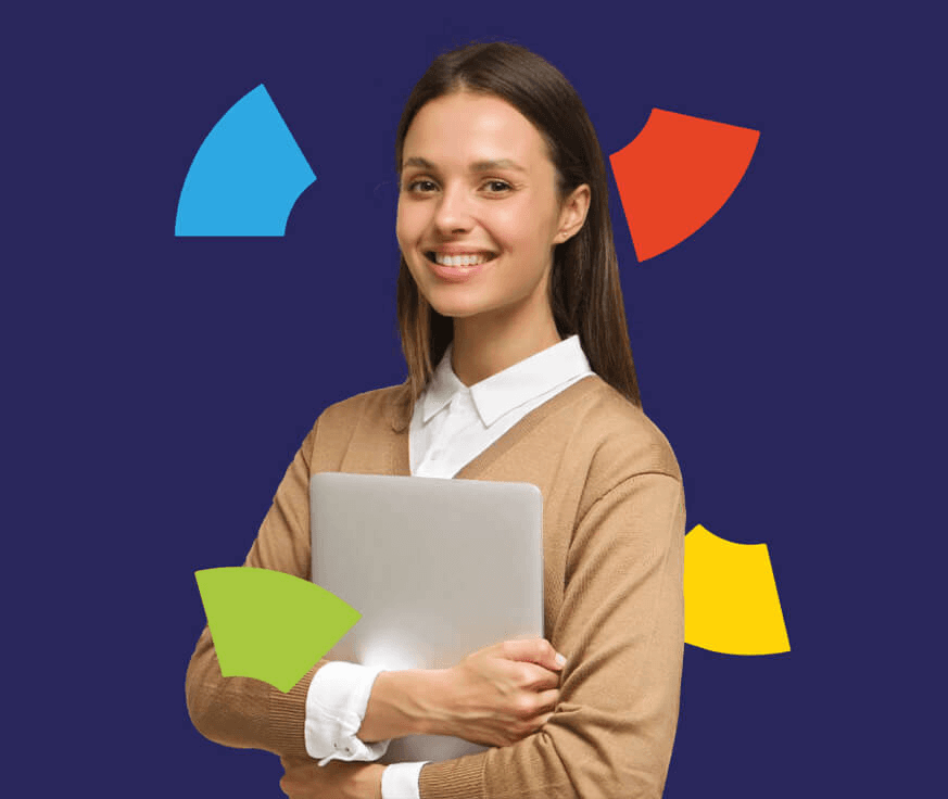 A person holding a paper box in front of the blue background.