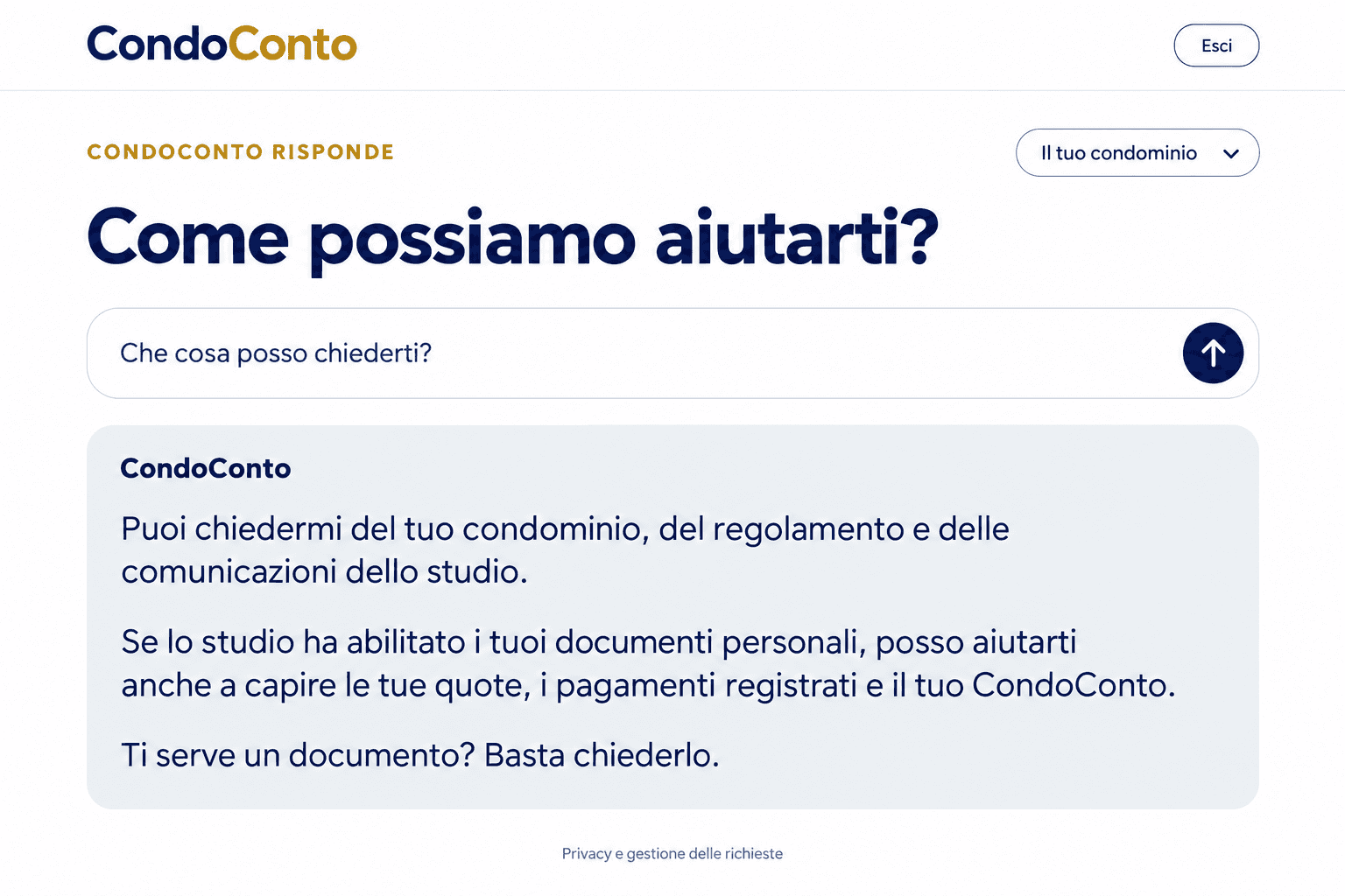 Anteprima di CondoConto Risponde con campo domanda e risposta