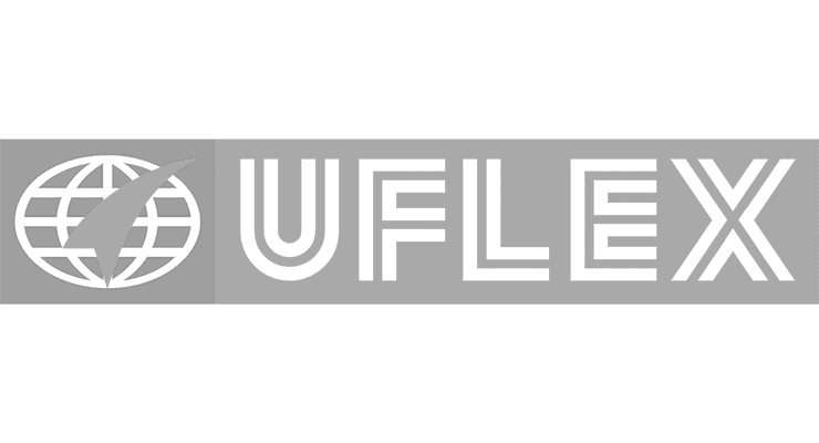 UFlex Logo - Weiß auf Grau. Weltkugel mit Blitz, UFlex Schriftzug.  Flexibles Verpacken.