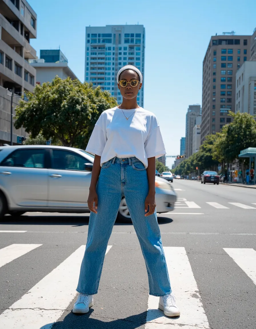 Person in white t-shirt, blue jeans, white sneakers and sunglasses standing confidently on city crosswalk with urban skyline in background