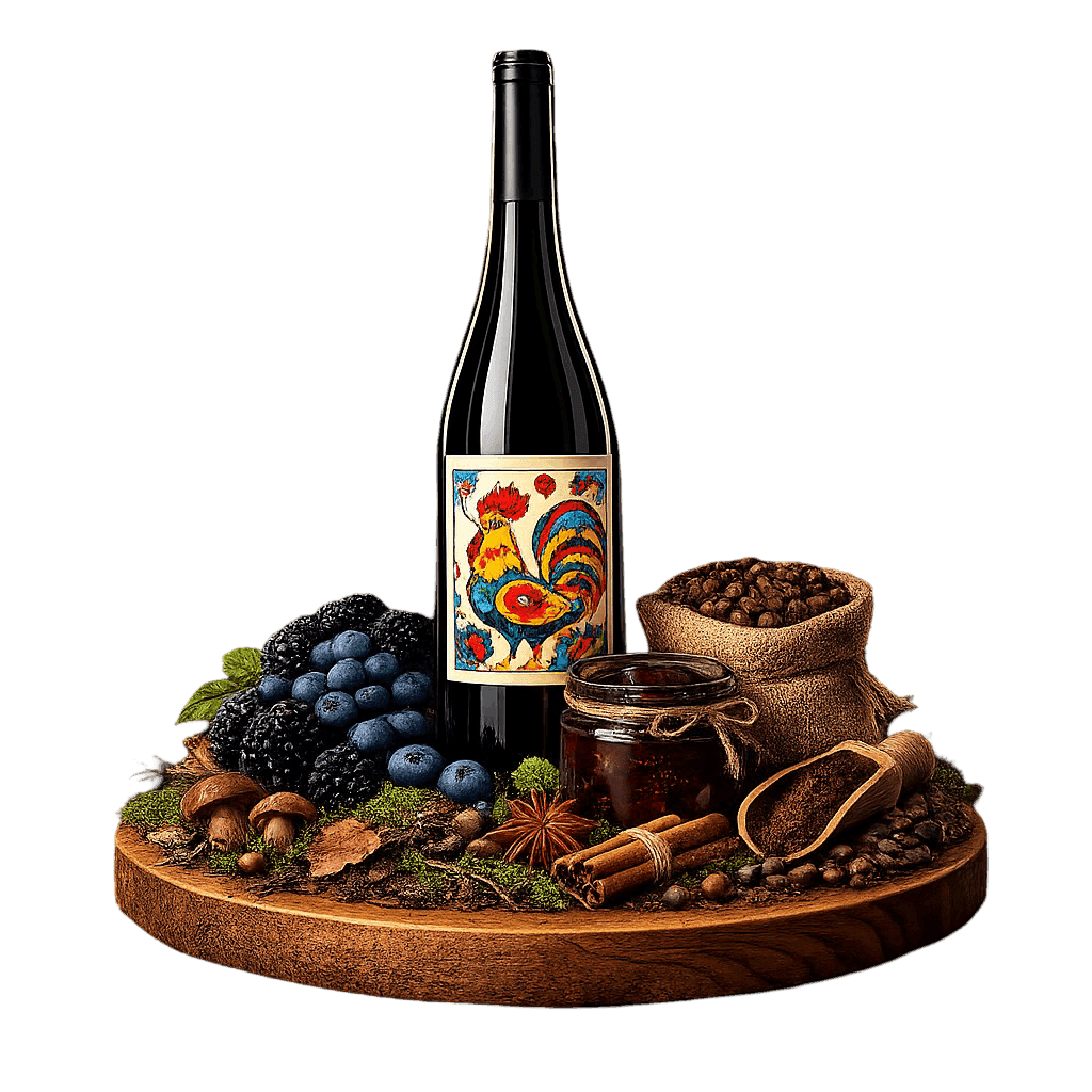 Artistic label and flavor profile for Czech André on a rustic wooden table.