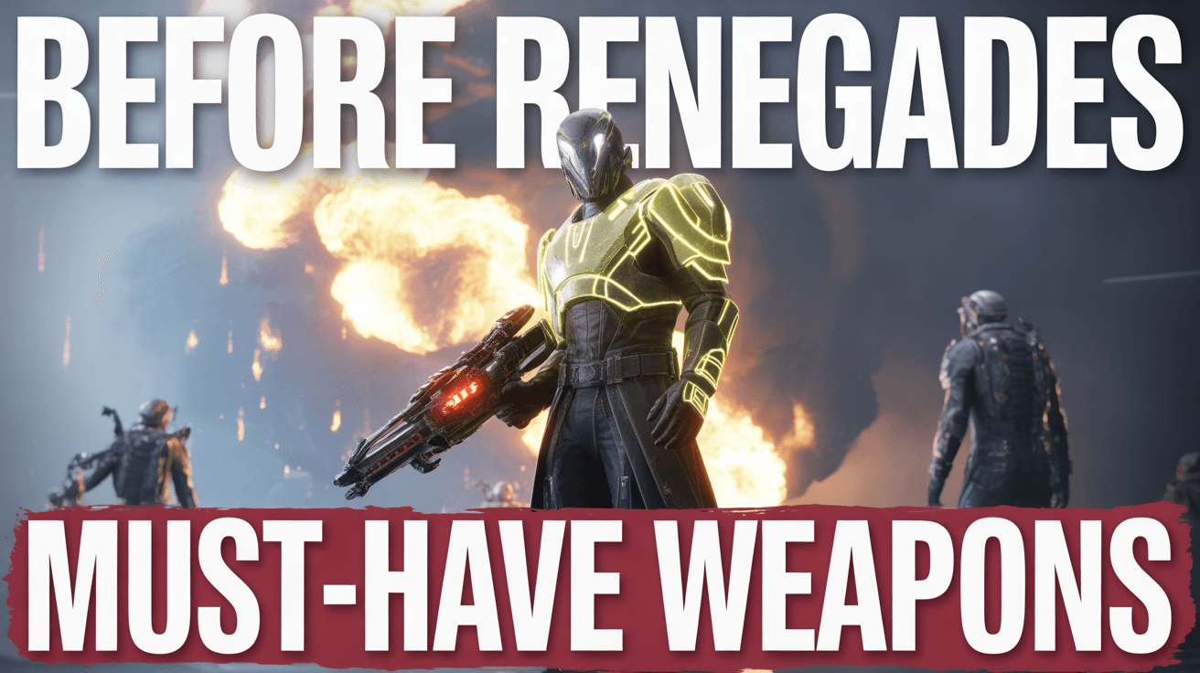 Destiny guardian with glowing weapon under Before Renegades Must Have Weapons text