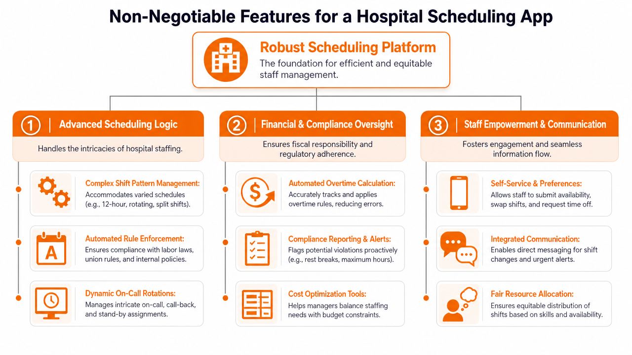 A diagram outlining the three essential feature categories for an effective hospital staff scheduling software platform.