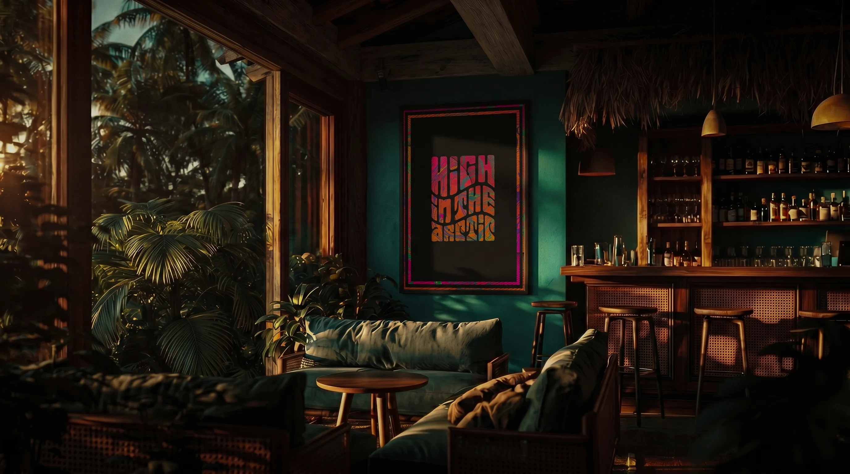 Poster design on the wall inside a beach bar