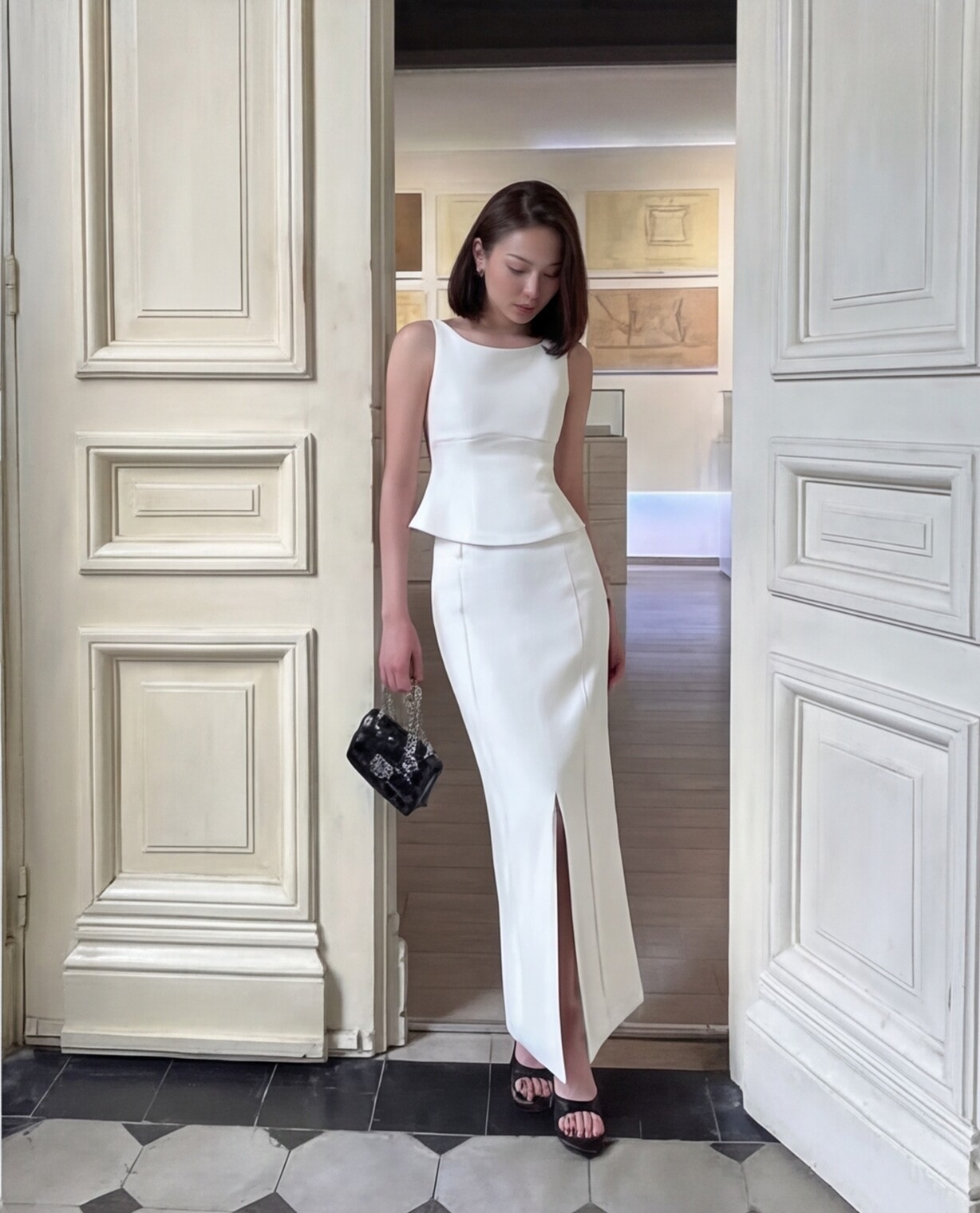 White Peplum Top with White Midi Skirt