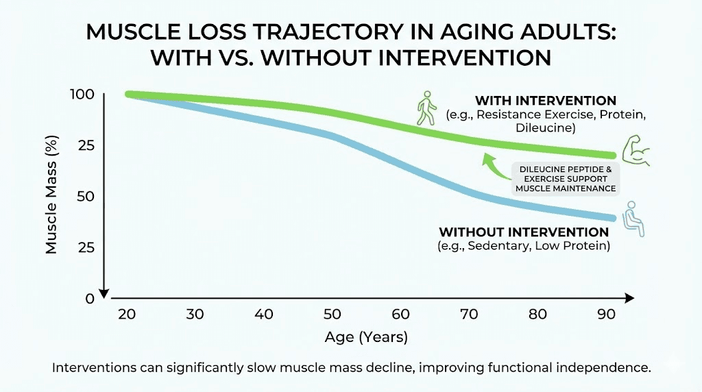 Sarcopenia muscle loss prevention with dileucine peptide supplementation