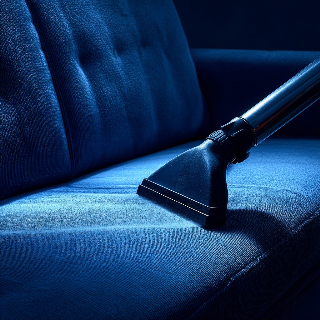 a woman in a green shirt and black gloves vacuuming a gray ottoman