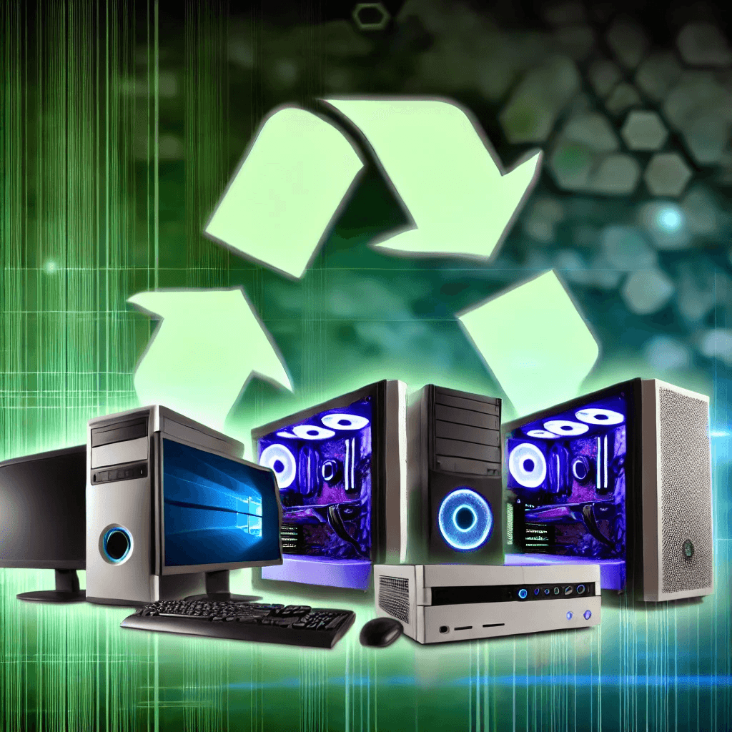 Visualize a smart solution for upgrading your gaming station with this creative image. Displayed are various high-performance gaming PCs and components, symbolically placed on a digital platform with a prominent recycling symbol hovering above, encouraging users to trade in or cash out their old devices. This setup emphasizes the benefit of refreshing your gaming gear by trading older models for the latest technology, ensuring you stay at the forefront of gaming advancements. Ideal for gamers looking to boost their setup while responsibly recycling outdated equipment.