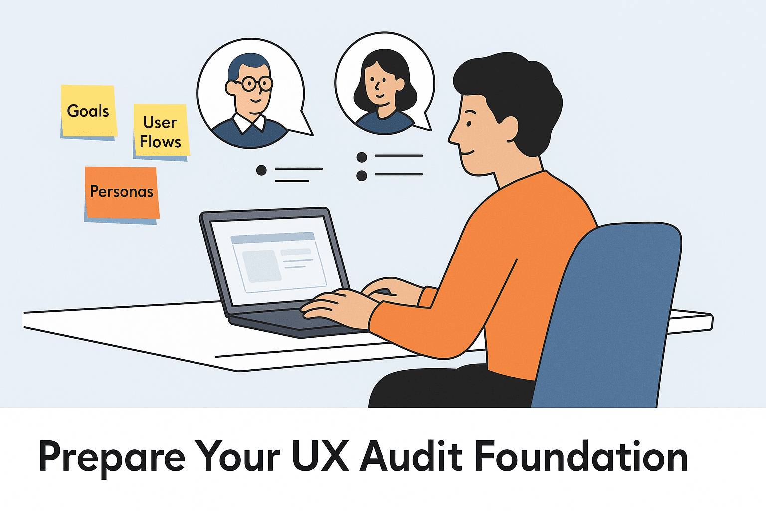 “Flat illustration of a UX designer working at a laptop with sticky notes labeled Goals, User Flows, and Personas, plus dialogue bubbles representing stakeholder alignment for UX audit preparation.”