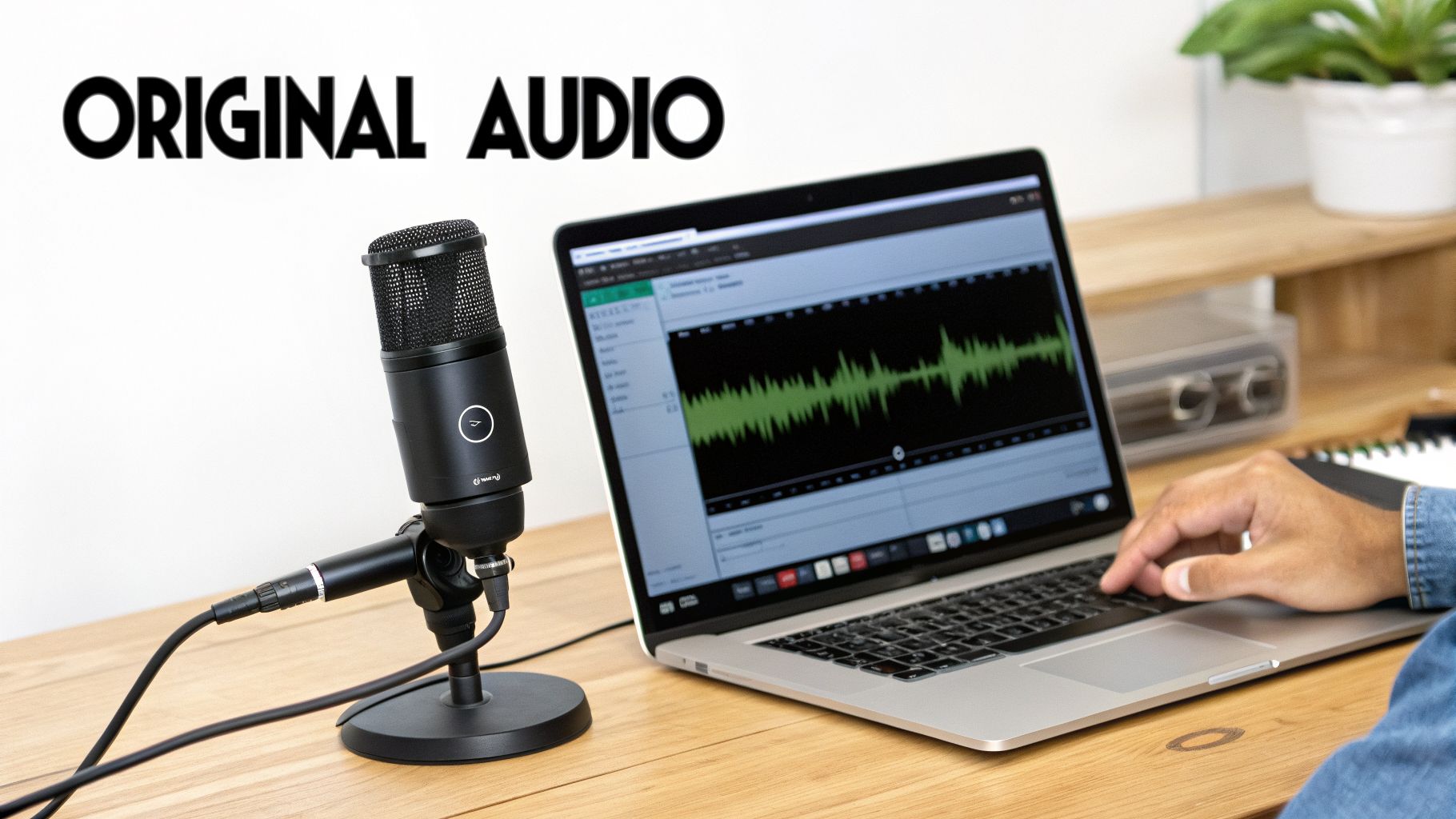 A person's hand typing on a laptop, recording original audio with a black microphone.