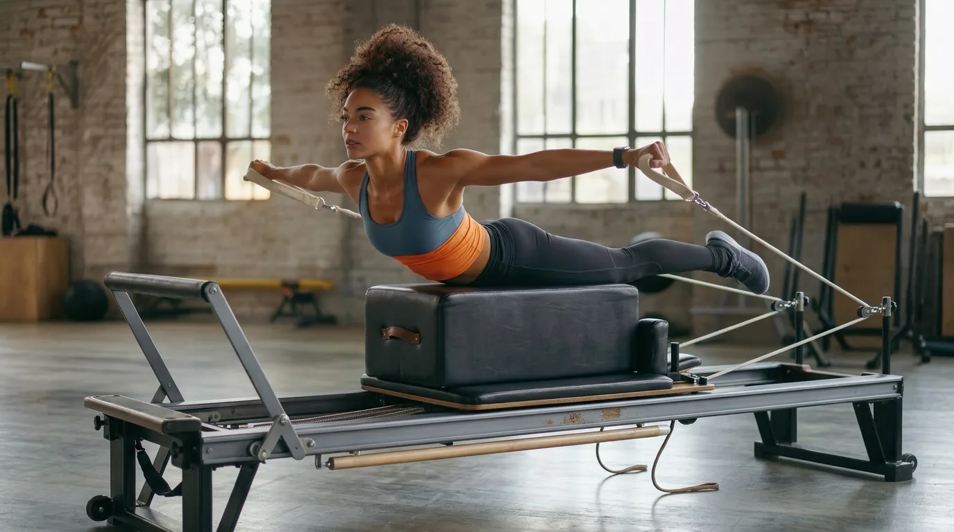 estúdio de pilates moderno com equipamentos organizados
