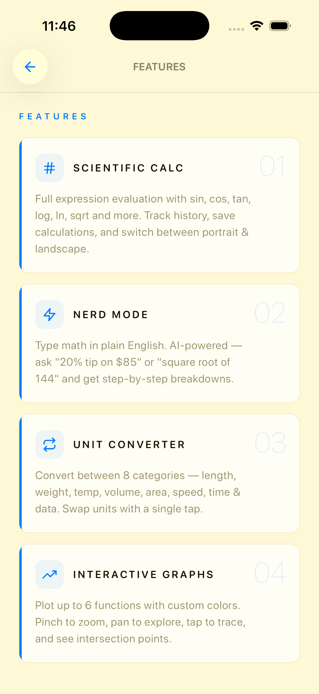 Features screen showing Scientific Calc, Nerd Mode, Unit Converter, and Interactive Graphs feature cards