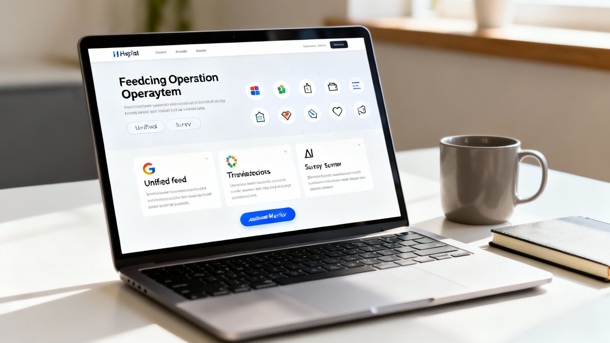 A laptop on a white desk displaying a modern software dashboard, next to a coffee mug and notebook.