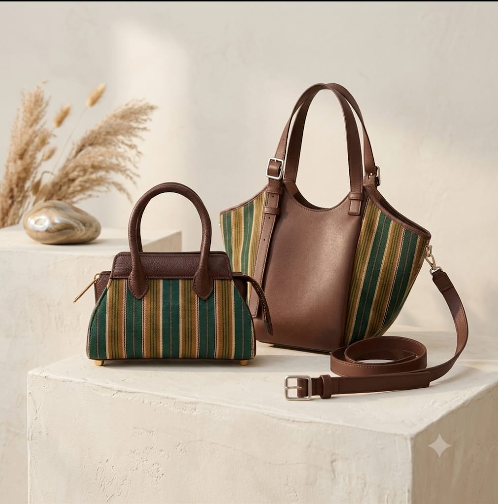Striped textile handbags with brown leather details
