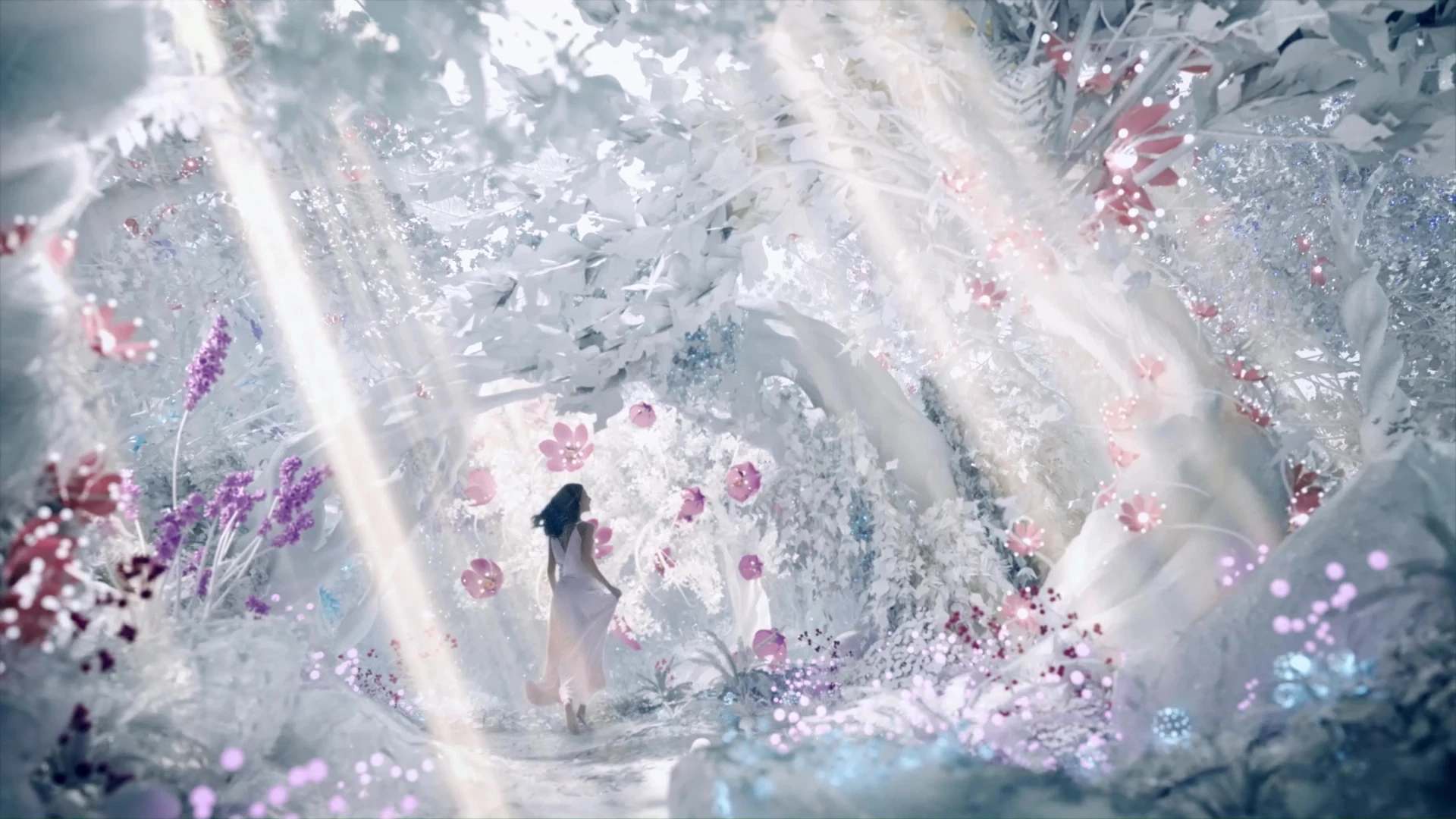 Woman running through a fantastical, white porcelain forest
